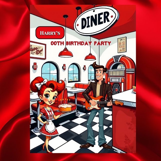 Convites Fun Retro Diner Birthday Party Red White Rocker (Criador carregado)