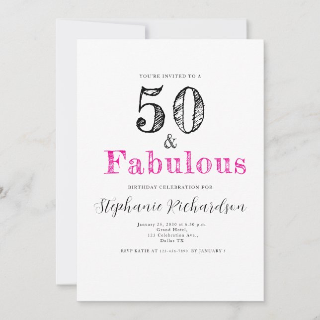 Convites Fun Script Fifty and Fabulous 50th Birthday Party (Frente)