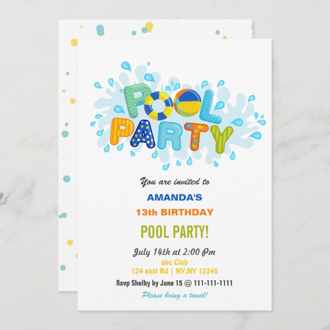 Convites Fun Summer Swimming Pool Party Birthday  (Frente/Verso)