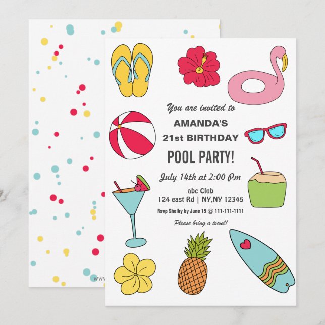 Convites Fun Summer Swimming Pool Party Birthday  (Frente/Verso)