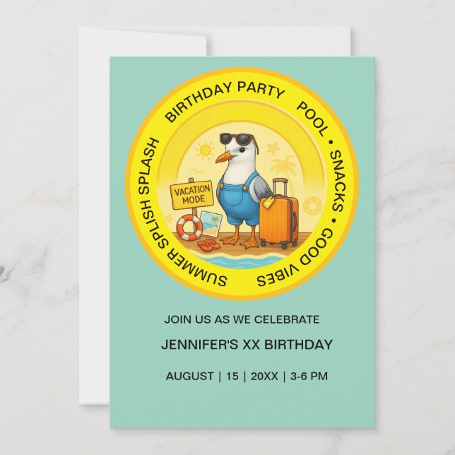 Convites fun sunny destination seagull beach birthday (Frente)