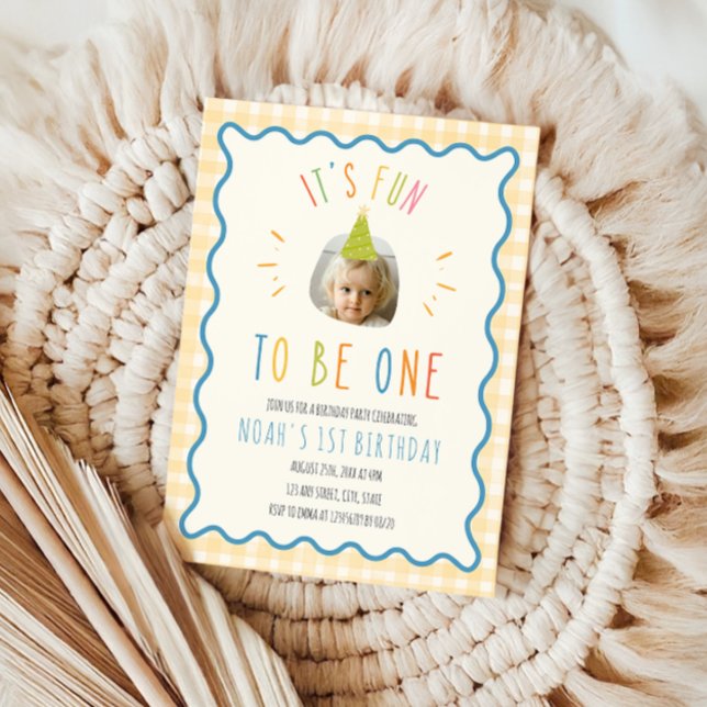 Convites Fun To Be One Photo Yellow Gingham 1st Birthday (Its fun to be one 1st Birthday Invitation)