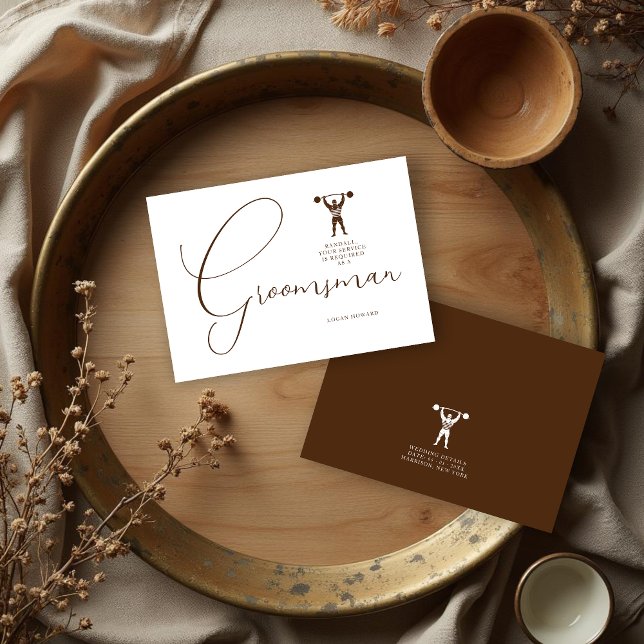 Convites Fun Vintage Strongman Brown Groomsman Wedding  (Fun Vintage Strongman Brown Groomsman Wedding Simple Proposal Card. )