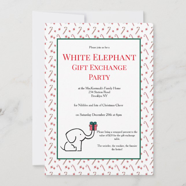 Convites Fun White Elephant Gift Exchange Cute Party (Frente)
