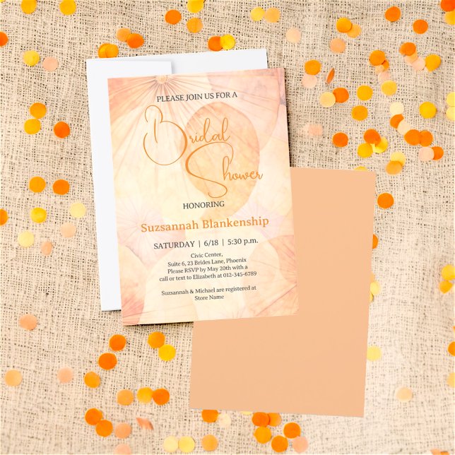 Convites Fundo Abstrato Laranja Pastel Churrasco de Noiva  (front and back view of bridal shower invitation design)