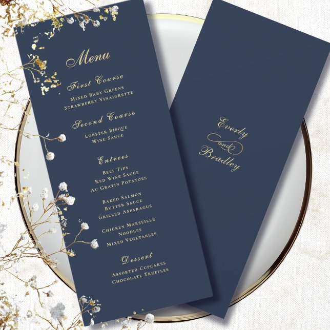Convites Fundo Azul Marinho Mínimo Menu de Roteiro Dourado (Criador carregado)