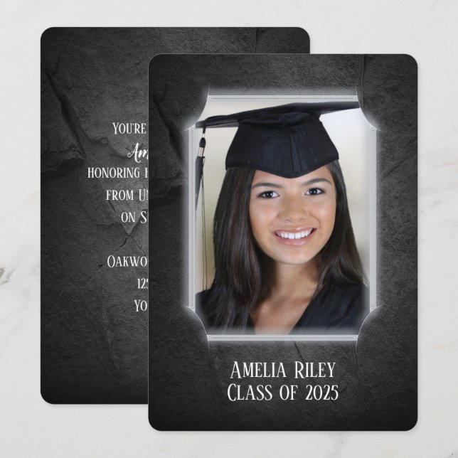 Convites Fundo Black Rock com quadro fotográfico (Frente/Verso)