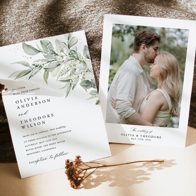 Convites Fundo de casamento com foto botânica na cor verde  (Sage green botanical photo back wedding invitation, watercolor greenery, elegant wedding stationery)