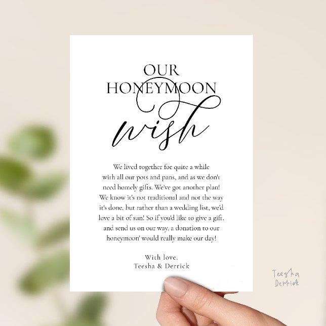 Convites Fundo de Desejo de Lua de Mel Elegante Incluso (Elegant Script Honeymoon Wish Cash Fund Enclosed Invitation Card and Black and White)