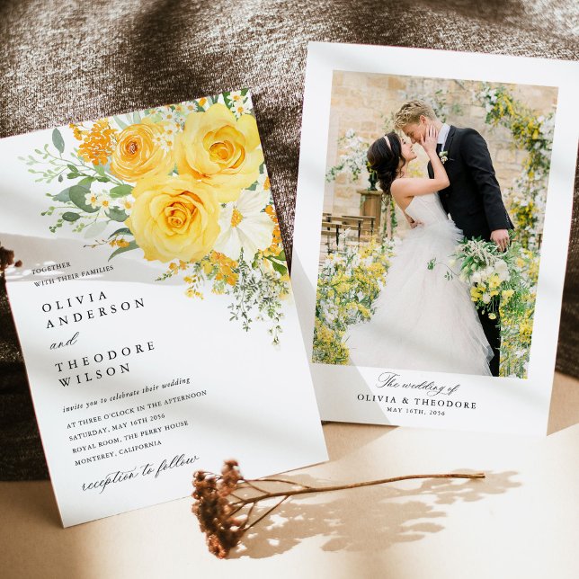 Convites Fundo de Foto de Casamento com Rosa Floral Amarela (Yellow floral rose wedding invitation with photo back, watercolor yellow rose wedding stationery)
