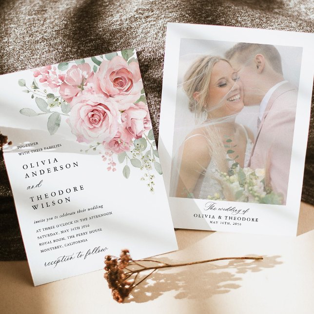 Convites Fundo de Foto de Casamento Floral Rosa Corado (Blush Rose Floral Photo Wedding Invitation, Watercolor Blush Pink Rose Invite with Photo Back)