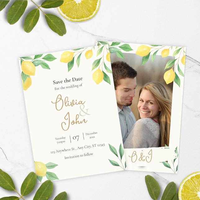 Convites Fundo de Foto Salvar Data de Casamento com Folhage (Save the Date Citrus Green Wedding Card)