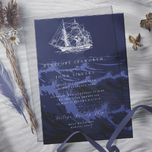 Convites Fundo de Ondas Azul-Marinho Navais para Casamento