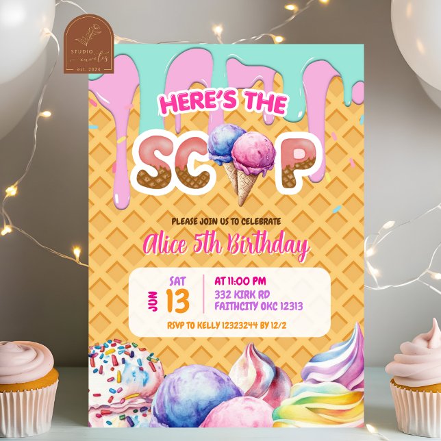 Convites Fundo de Waffle com Sorvete Rosa Pingando Aniversá (Criador carregado)