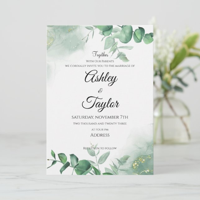 Convites Fundo Elegante Dourado e Verde de Aquarela (Em pé/Frente)