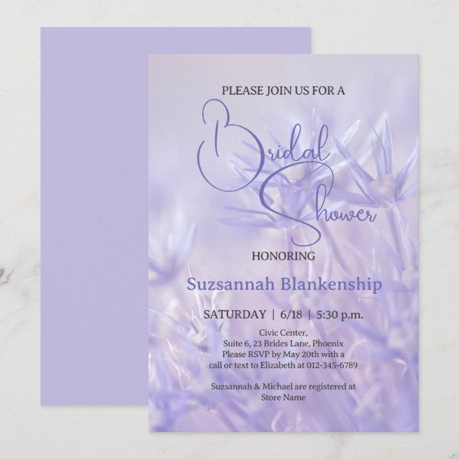 Convites Fundo Floral Violeta Periwinkle Chá de Noiva  (Frente/Verso)