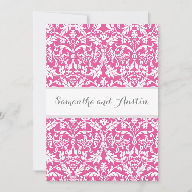 Convites Fundo Personalizado do Casamento tema damasco Rosa (Frente)