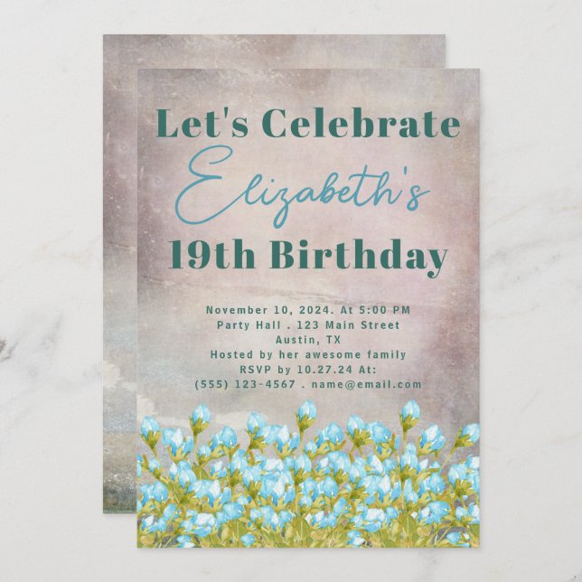 Convites Fundo Russo das Flores de Aquarela Azul (Frente/Verso)