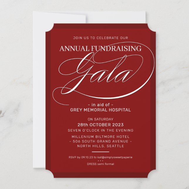 Convites FUNDRAISING GALA elegant event fancy script maroon (Frente)
