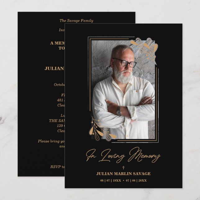 Convites Funeral Black Fake Golden Branches Photo Remember (Frente/Verso)