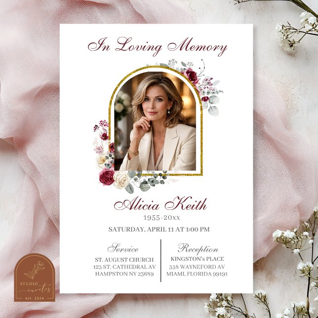 Convites Funeral Blush e Burgundy com foto (Criador carregado)