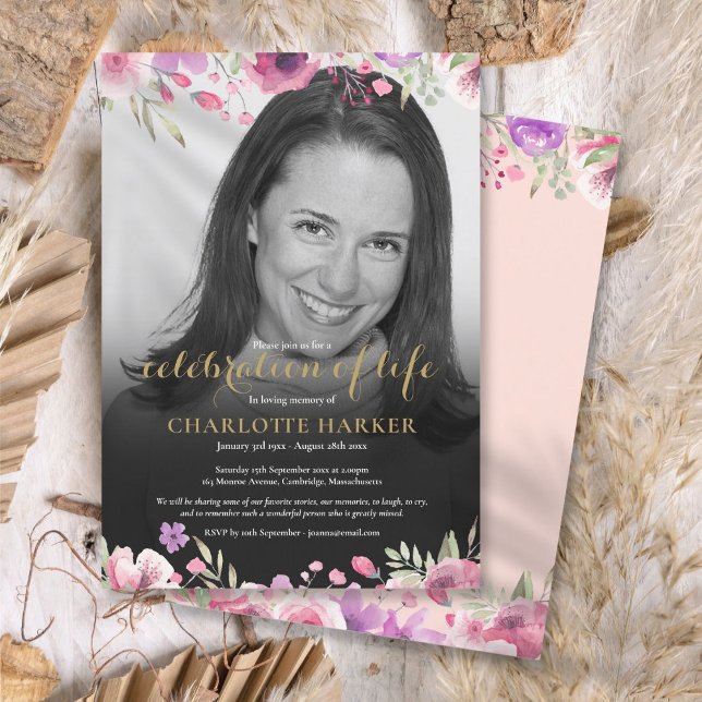 Convites Funeral de Fotografia Branca e Preta, Blush Floral (Floral Blush Pink Black and White Photo Funeral Invitation)