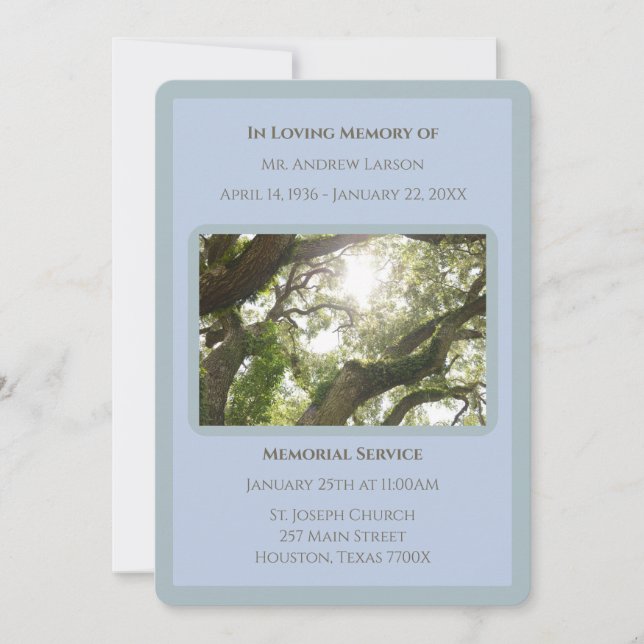 Convites Funeral Memorial Do Blue In Loving Memory Trees (Frente)