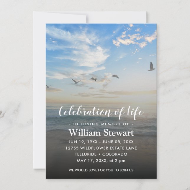 Convites Funeral Moderno | Celebração de Life Beach Sunset (Frente)