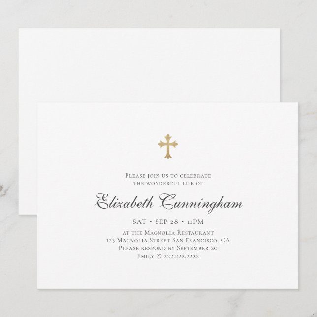 Convites Funeral Moderno Simple Faux Cruz Dourada (Frente/Verso)