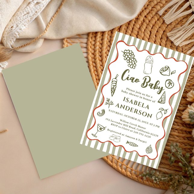 Convites Funky Ciao Baby Hand Drawn Italian Baby Shower  (Criador carregado)