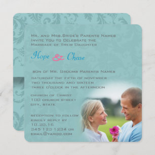 Convites Funky Damask Aqua Blue Pink Invitation