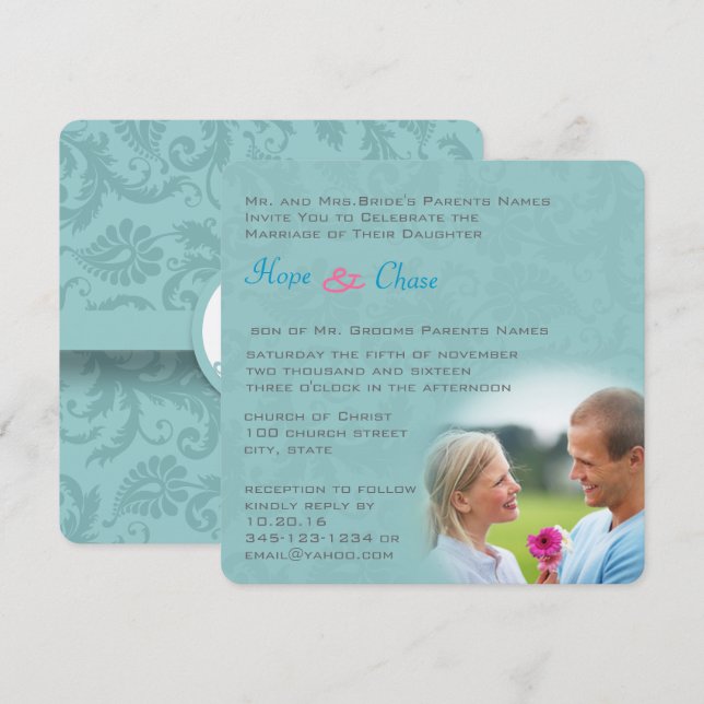 Convites Funky Damask Aqua Blue Pink Invitation (Frente/Verso)
