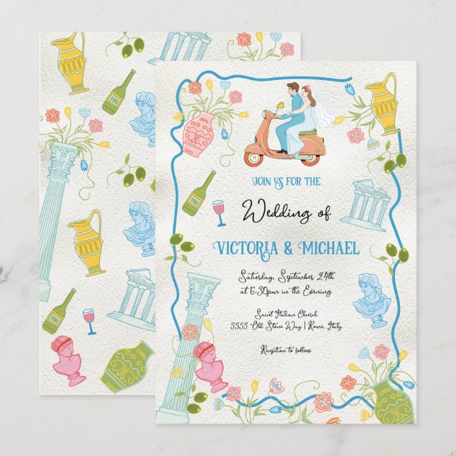 Convites Funky Desenhou Noiva Italiana no Casamento do pati (Frente/Verso)