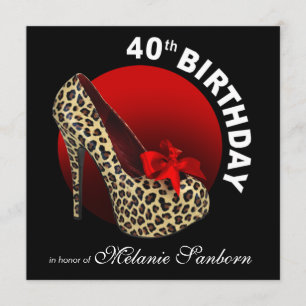 Convites Funky Leopardo Stiletto aniversário de 40 anos ve