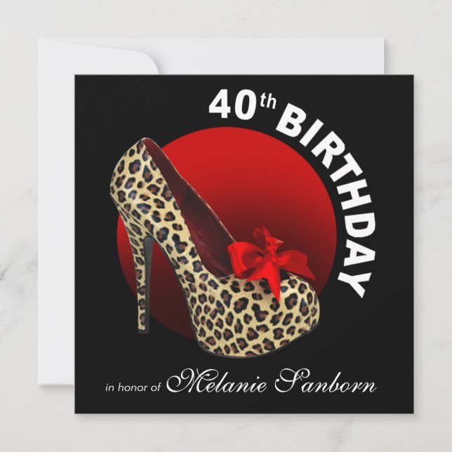 Convites Funky Leopardo Stiletto aniversário de 40 anos ver (Frente)