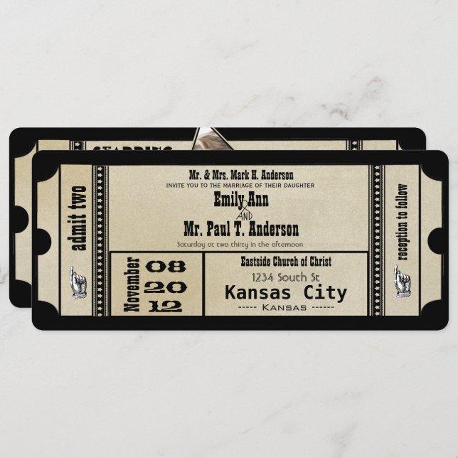 Convites Funky Playbill Casamento Silver Metallic Invite (Frente/Verso)