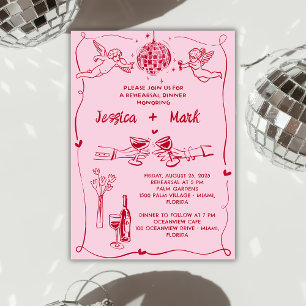 Convites Funky Retro Hand desenhou Janto de Ensaio de Casam