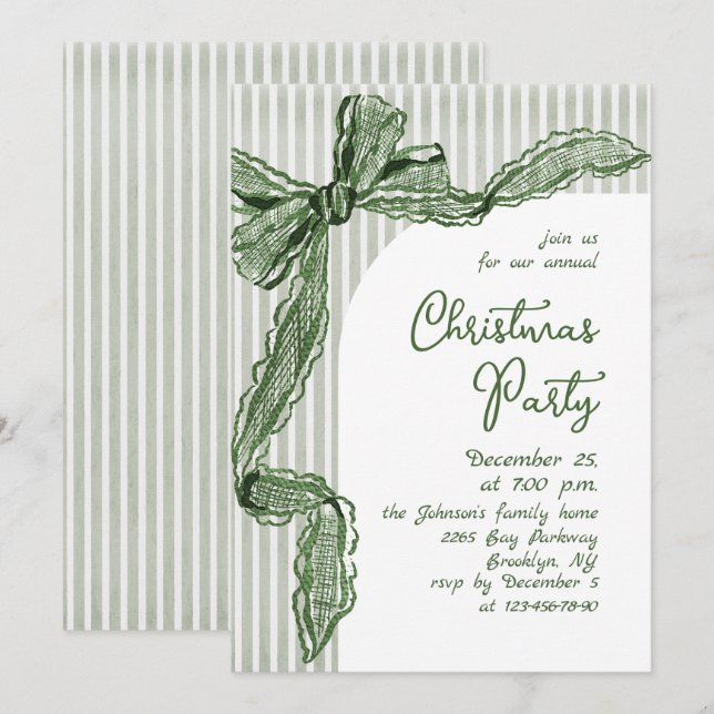 Convites Funky Whimsical Christmas Green Bow Holiday Party (Frente/Verso)