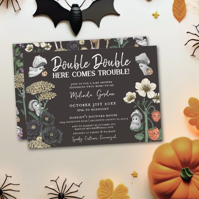 Convites Funny Black Halloween Fantasmas Chá de fraldas Gêm (Double Double Here comes trouble twin baby shower invitations for Halloween theme baby shower)