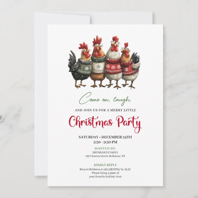Convites Funny Chickens Minimalist Red Green Holiday Invite (Frente)