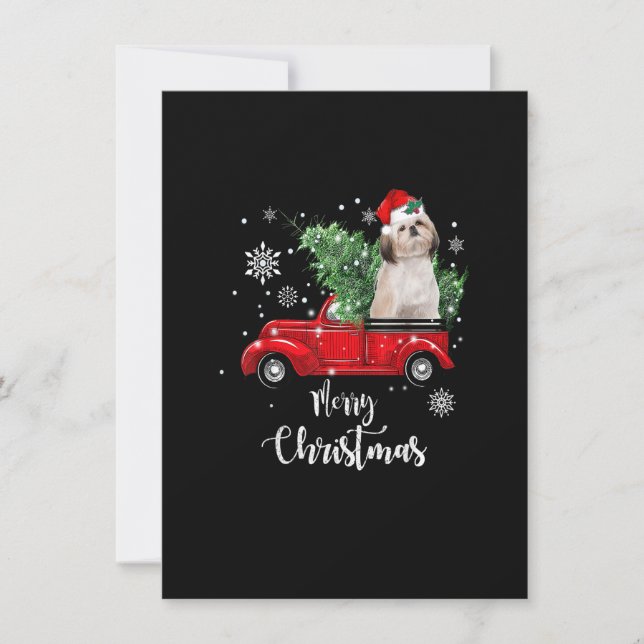Convites Funny Christmas Santa Shih Tzu Ride Red Truck Xmas (Frente)