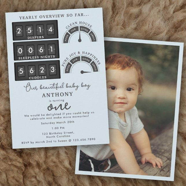 Convites Funny First Birthday Baby Boy Cute Stats Photo (Funny First Birthday Baby Boy Cute Stats Photo Invitation)