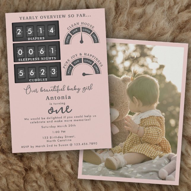 Convites Funny First Birthday Baby Girl Cute Stats Photo (Funny First Birthday Baby Girl Cute Stats Photo Invitation)