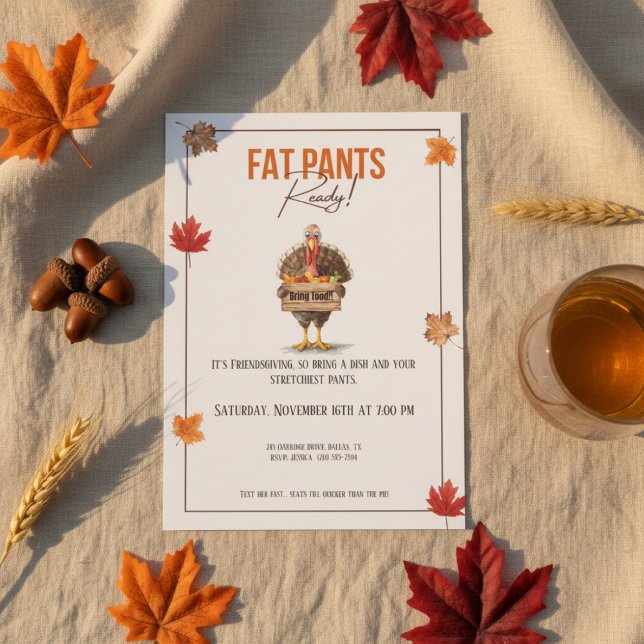 Convites Funny Friendsgiving Invitation Fat Pants Ready (Funny friendsgiving invitation with fat pants ready turkey illustration and fall colors)