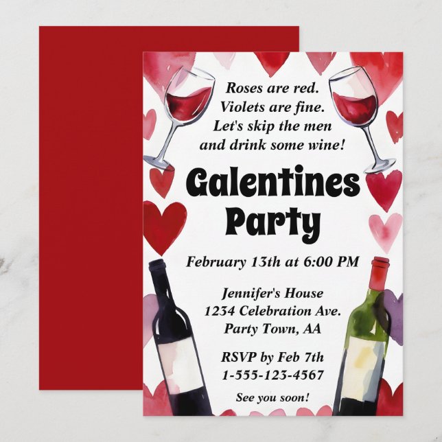 Convites Funny Galentine Wine Hearts Girls Night (Frente/Verso)