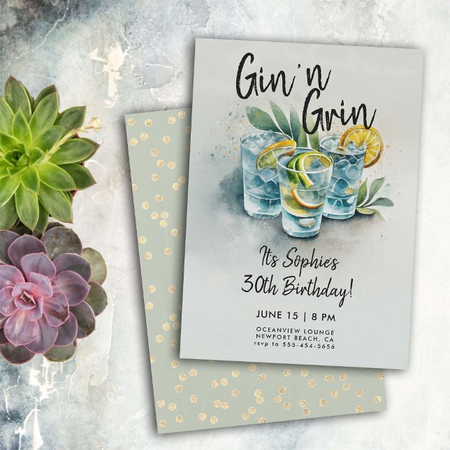 Convites Funny Gin n Grin Drinks Partido aniversário de 30  (funny 30 birthday invitations for women gin grin cocktails hour party watercolor modern chic classy)