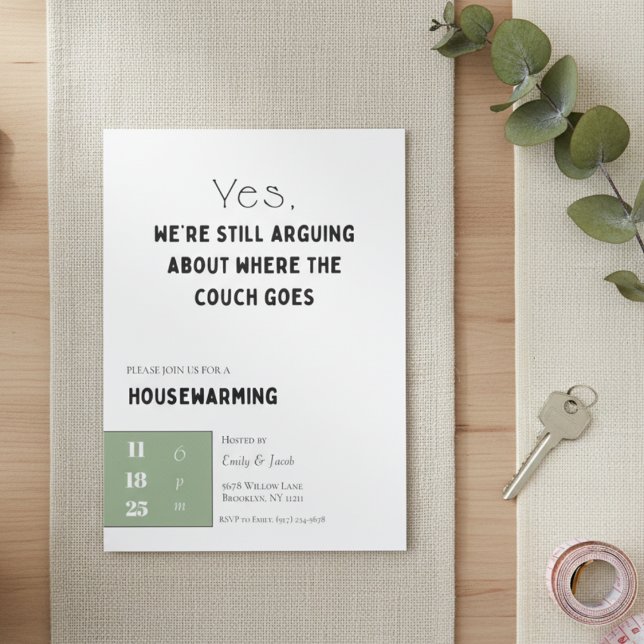Convites Funny Housewarming Invitation • Couch Quote Design (Funny housewarming invitation flat lay on linen and wood with eucalyptus and house keys.)