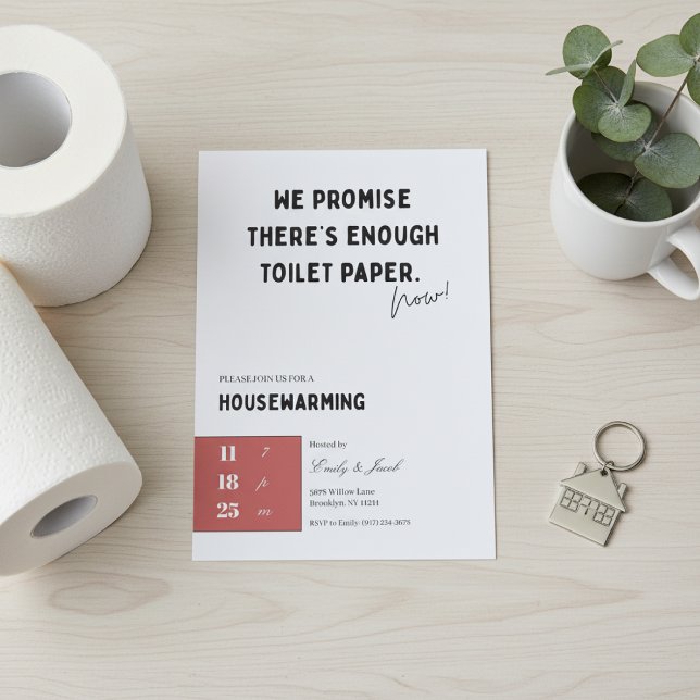 Convites Funny Housewarming Invitation • Toilet Paper Quote (Funny housewarming invitation flat lay with toilet paper, green leaves and keychain on light wood.)