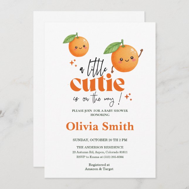 Convites funny Little Cutie orange baby shower (Frente/Verso)