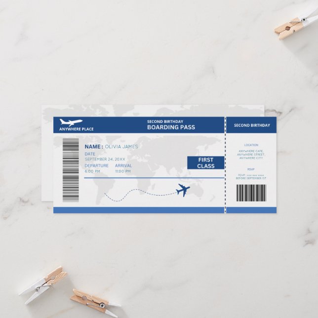 Convites Funny passport, boarding pass ticket 2nd birthday (Frente/Verso In Situ)